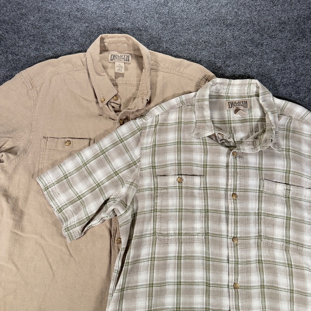 Duluth Trading Co Shirt Lot of 2 Hemp Organic Cotton Button Up XL Tan Plaid Mens